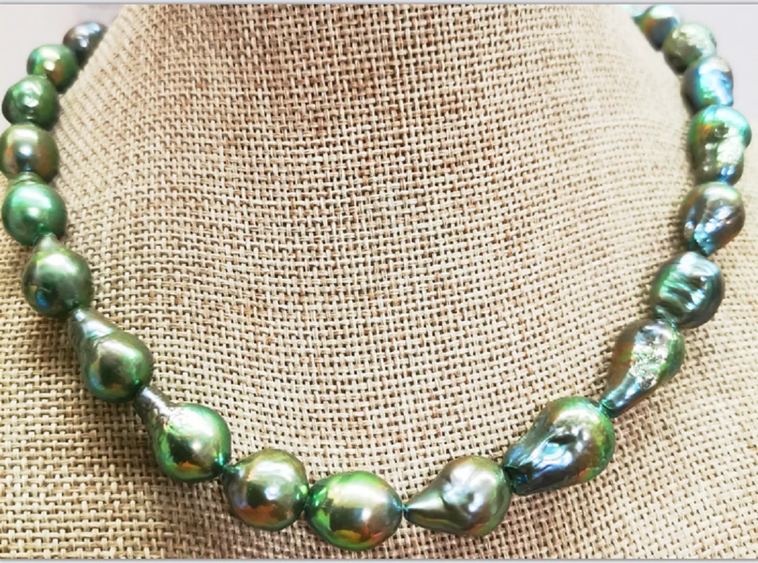 

Huge 18"10x13-13x19mm Sea Genuine Green Peacock Pearl Necklace For Women Men Pearl Necklace
