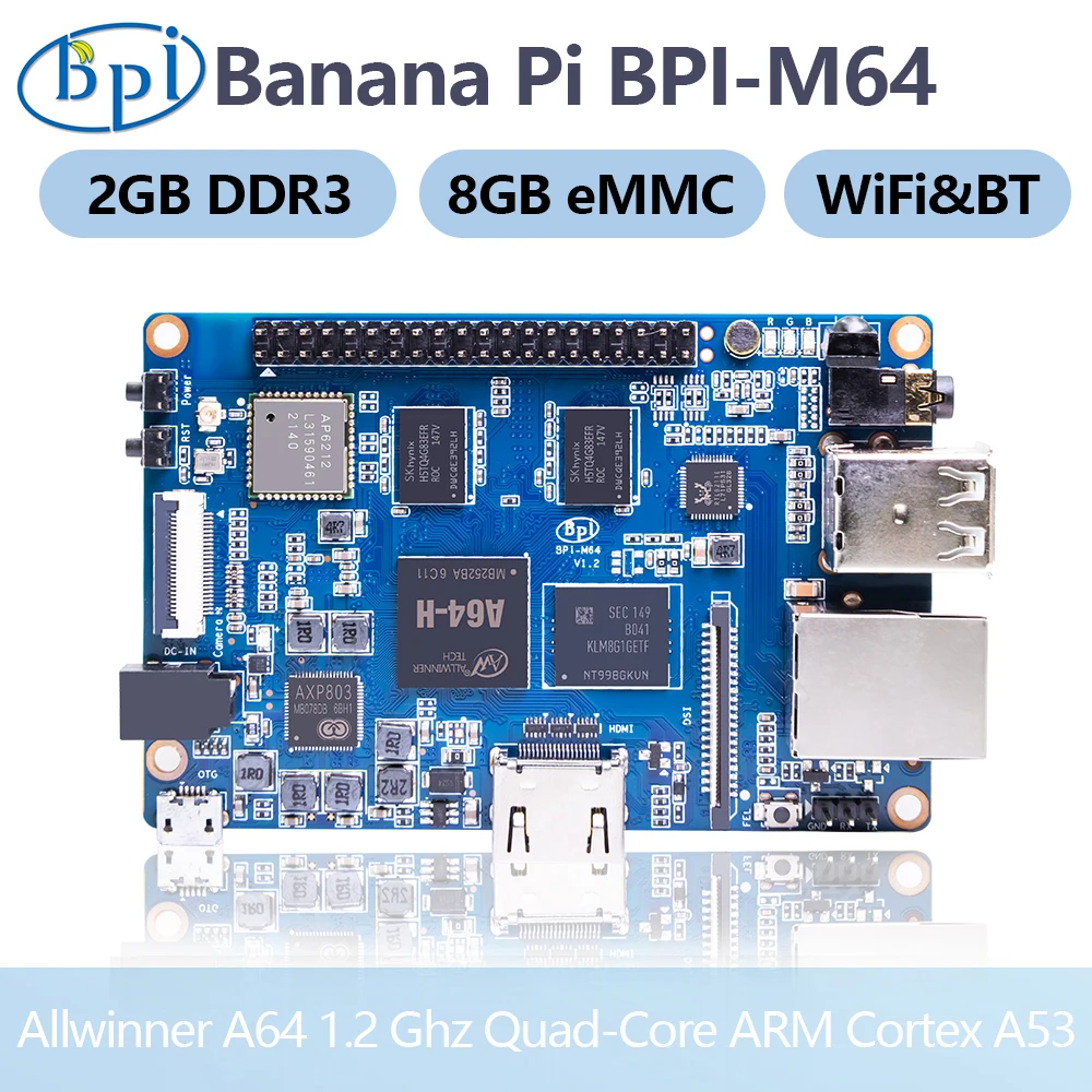 Banana Pi BPI-M64 Allwinner A64 2GB DDR3 8G eMMC Quad Core Processor Motherboard SBC Single Board Support Linux Raspberry Pi