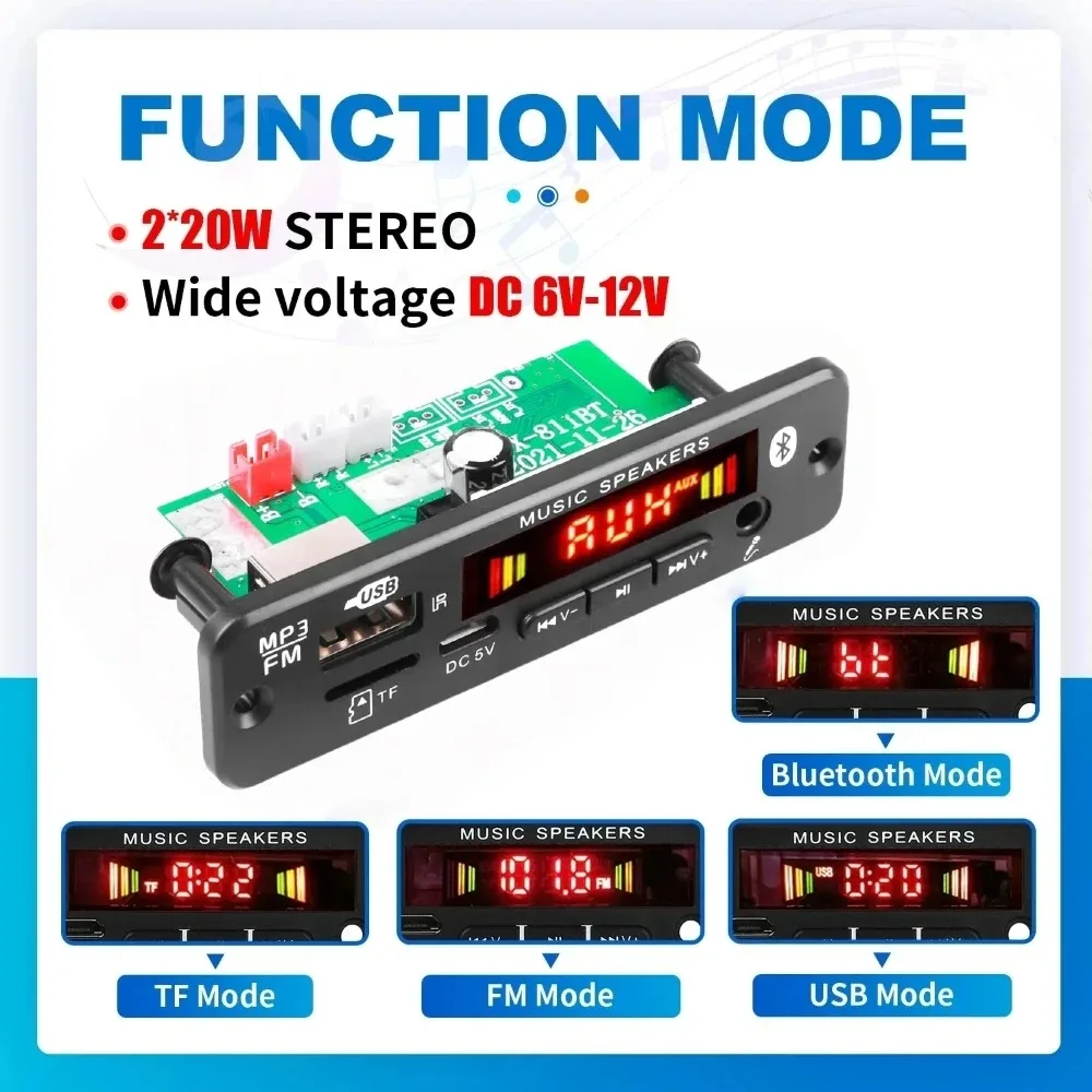 KEBIDUMEI 블루투스 5.0 MP3 디코더 보드 2*20W 40W 앰프 오디오 플레이어 12V DIY MP3 플레이어 차량용 FM 라디오 TF USB 마이크 녹음 통화 기능 ,Bluetooth 5.0 M