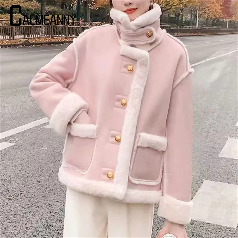 

2023 Winter Women Thickened Imitation Lamb Velvet Jacket Korean Edition Fashion Standing Collar Warm Windproof Tops Coat Jacket