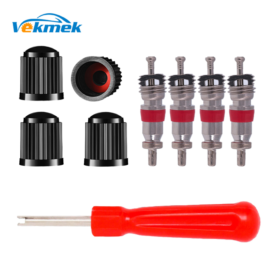 VEKMEK 1Set Tire Valve Service Kit 4 Valve Cores 4 Valve Caps 1 Valve Stem Screwdriver Tire Repair Tool for Car Motorcycle Truck
