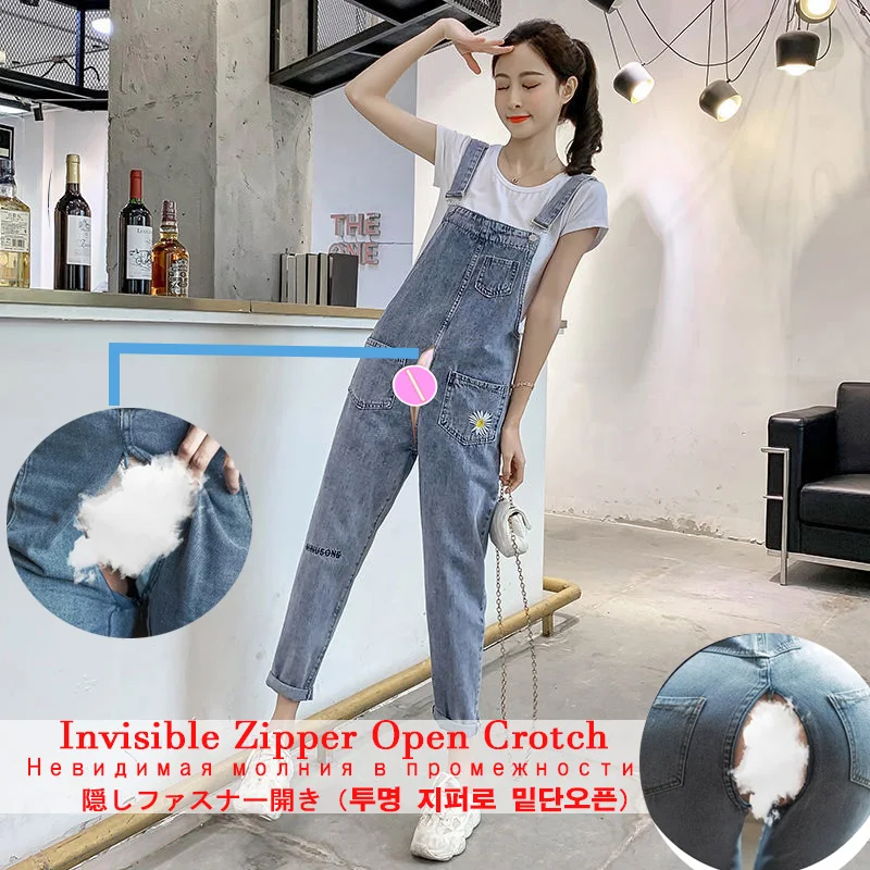 Open Crotch Sexy Denim Suspender Pant Slim Slimming Cropped Pants Women's Summer Loose Fashion Thin Outdoor Sex Urine Convenient men thin summer pants open seat men pants sexy double headed zipper outdoor dating crotch full open outdoor convenient pants