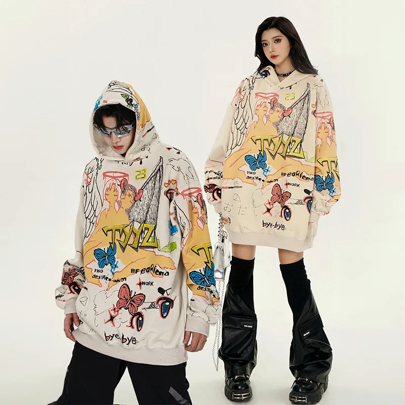 UPRAKF Graphic Cartoon Print Hoodie Fashion Autumn Casual Pullover Long Sleeve Oversize Tops Streetwear