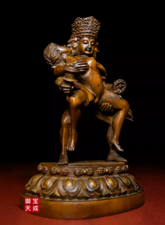china 6" Tibet Buddhism Boxwood Wood Carving Yab-Yum Mandkesvara Buddha Statue 3