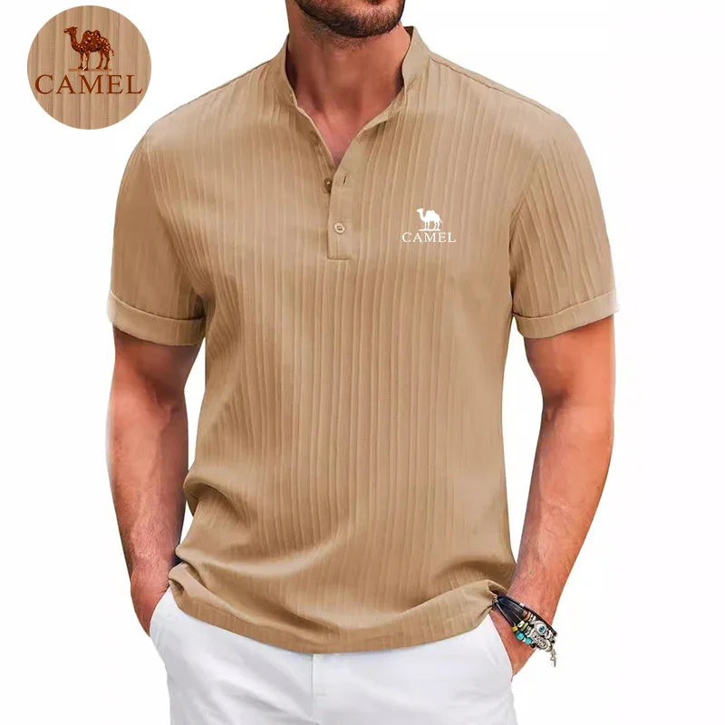 

CAMEL Cotton Linen Striped Henry Short Sleeved Polo Shirt for Men's New Summer Business Casual Cool and Breathable T-shirt