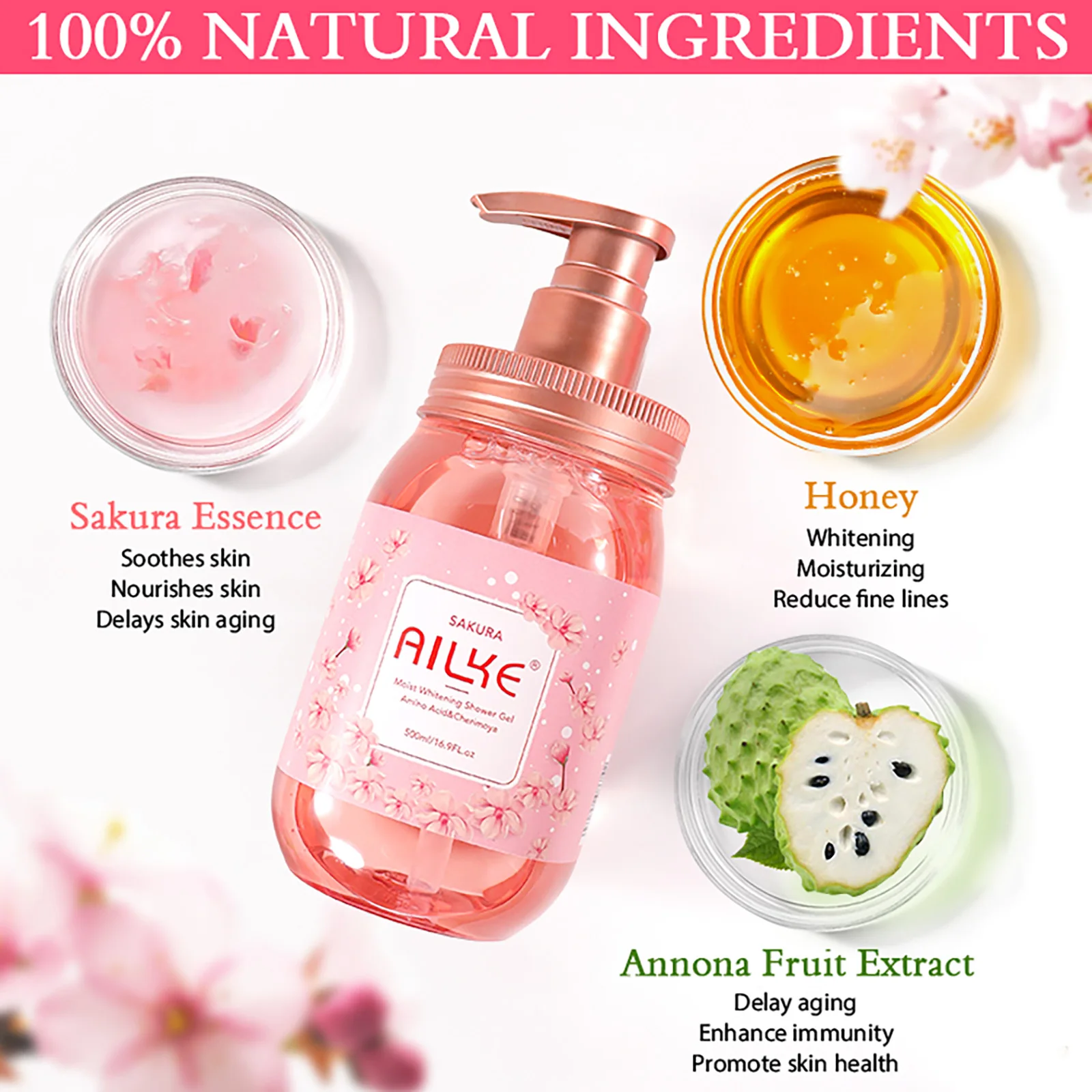 AILKE Natural Sakura Body Wash, Deep Clean Skin, Lightening, Moisturize, Nourish, Smooth Soft Skin, For All Skin Types, 500ml