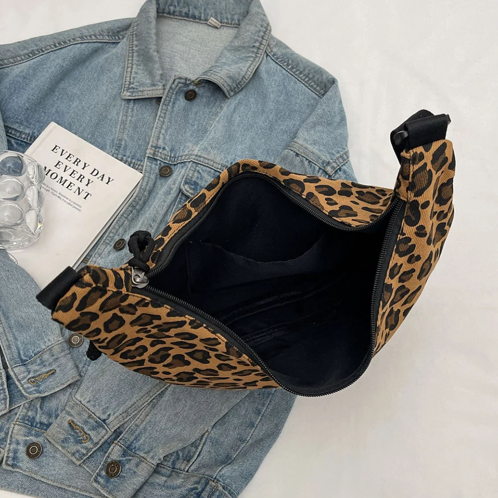 Women Stylish Dumpling Bag Multi-pockets Leopard Print Hobo Sling Bag Adjustable Strap Crescent Crossbody Bag Simple Satchel Bag