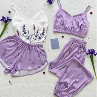 New Satin Silk Pajamas Set for Women Flower Print Sleepwear Sexy V-neck Sleeveless Top Nightwear Pijamas Home Clothes Loungewear - Image 3