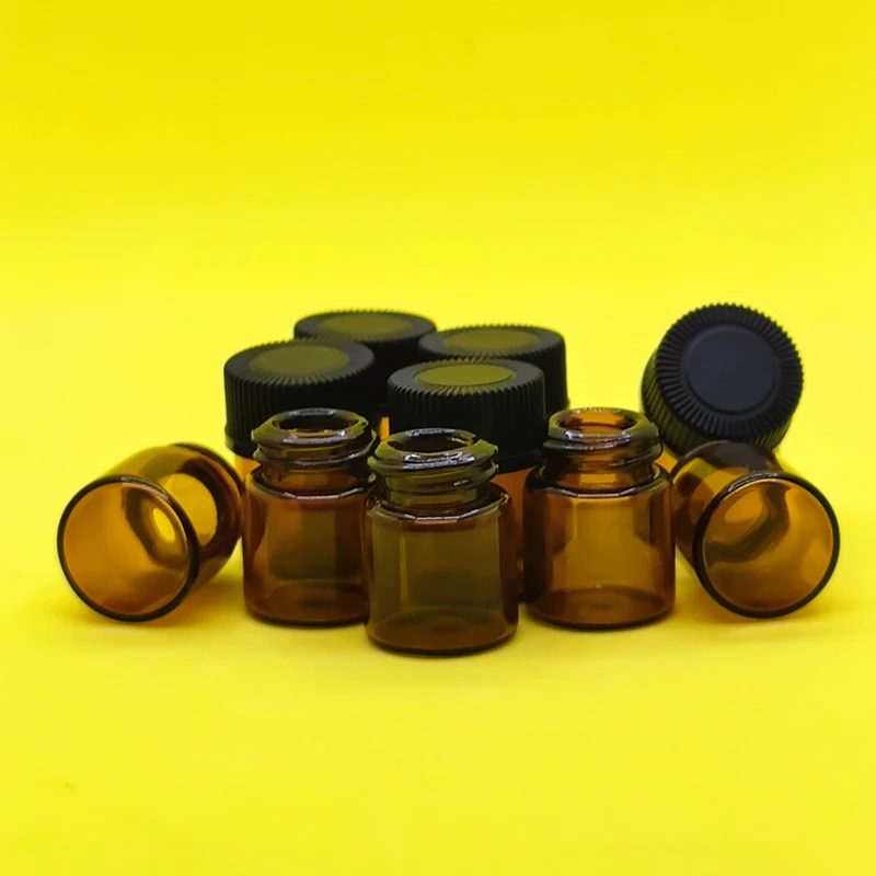 48pcs/pack 1ml Small Amber Glass Vials Bottles Containers With Orifice Reducer Black Cap For Essential Oil Sample Perfume Bottle