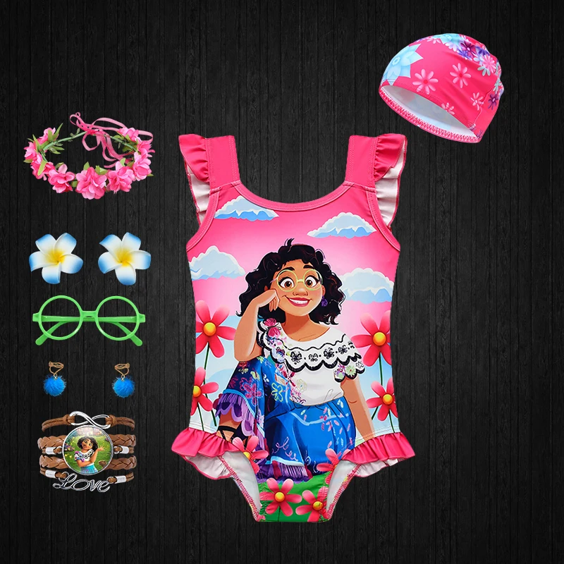 Fancy Girl Encanto Mirabel Isabela One Piece Swimwear Charm Chilren's Bikini Baby Beach Lotus Leaf Tank Top Swimsuit Bodysuit clothes embroidery set Clothing Sets