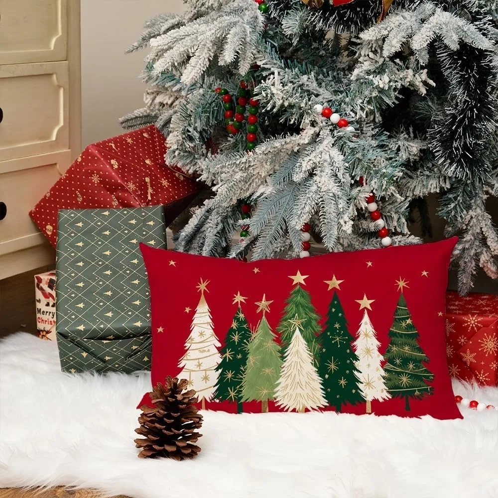 2pcs Christmas Pillow Cover 12X20 Inch Watercolor Christmas Tree Stars Decoration Holiday Farmhouse Winter Pillow Case for Sofa