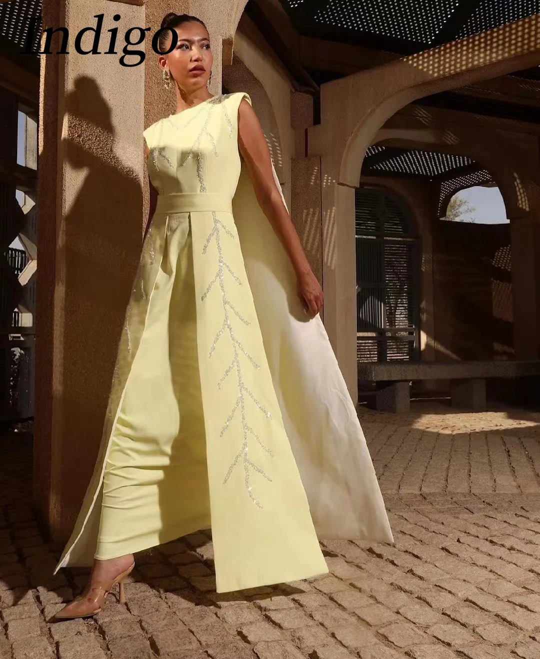 

Indigo Light Yellow Satin Evening Dress O Neck Sleeveless Beads Floor-Length Prom Dresses 2024 A Line Saudi Arabicشارون سعيد