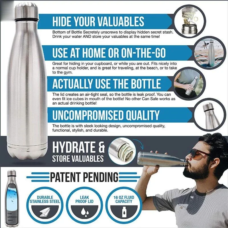 1PC Diversion Water Bottle Portable Water Bottle Secret Stash Pill Organizer Can Safe Hiding Spot for Money Bonus Key Ring Box