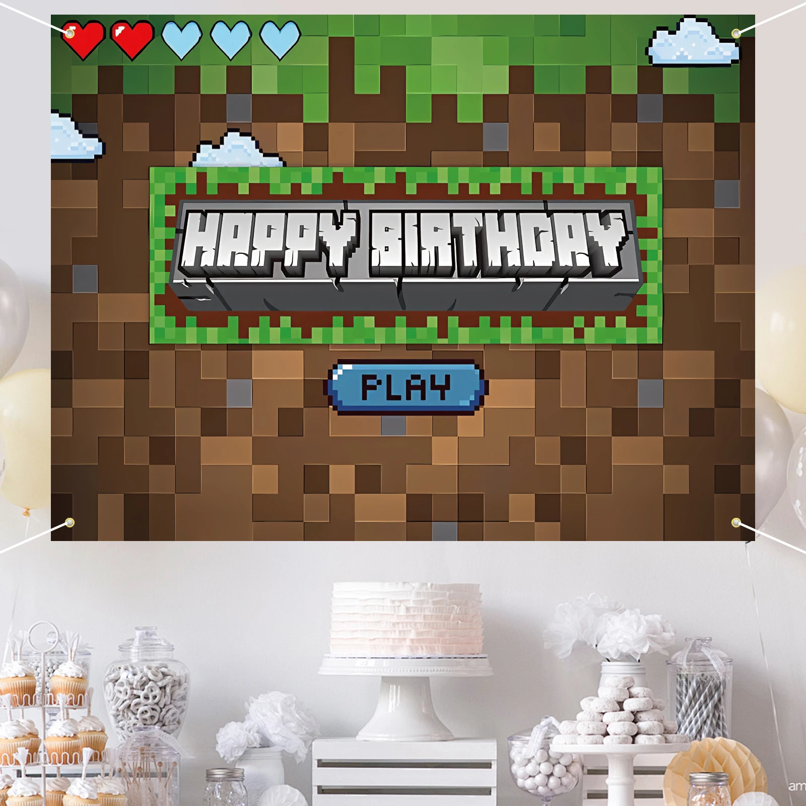Video Game Themed Birthday Party Backdrop - Pixel Design