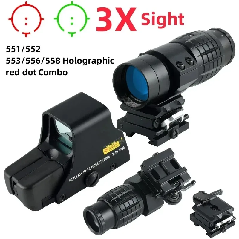 

Tactical 3X Scope Sight with Flip-up Mount 553 551 Red Green Dot Holographic Riflescope Hunting Optic Firearms Airsoft 20mm Rail