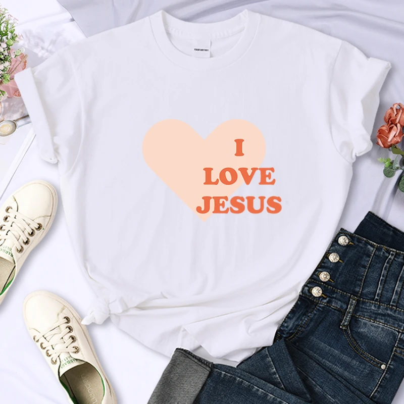 Повседневная женская футбольная рубашка с креативным мультяшным принтом «I Love Jesus Gives You My Heart» Топ из сукна с коро...
