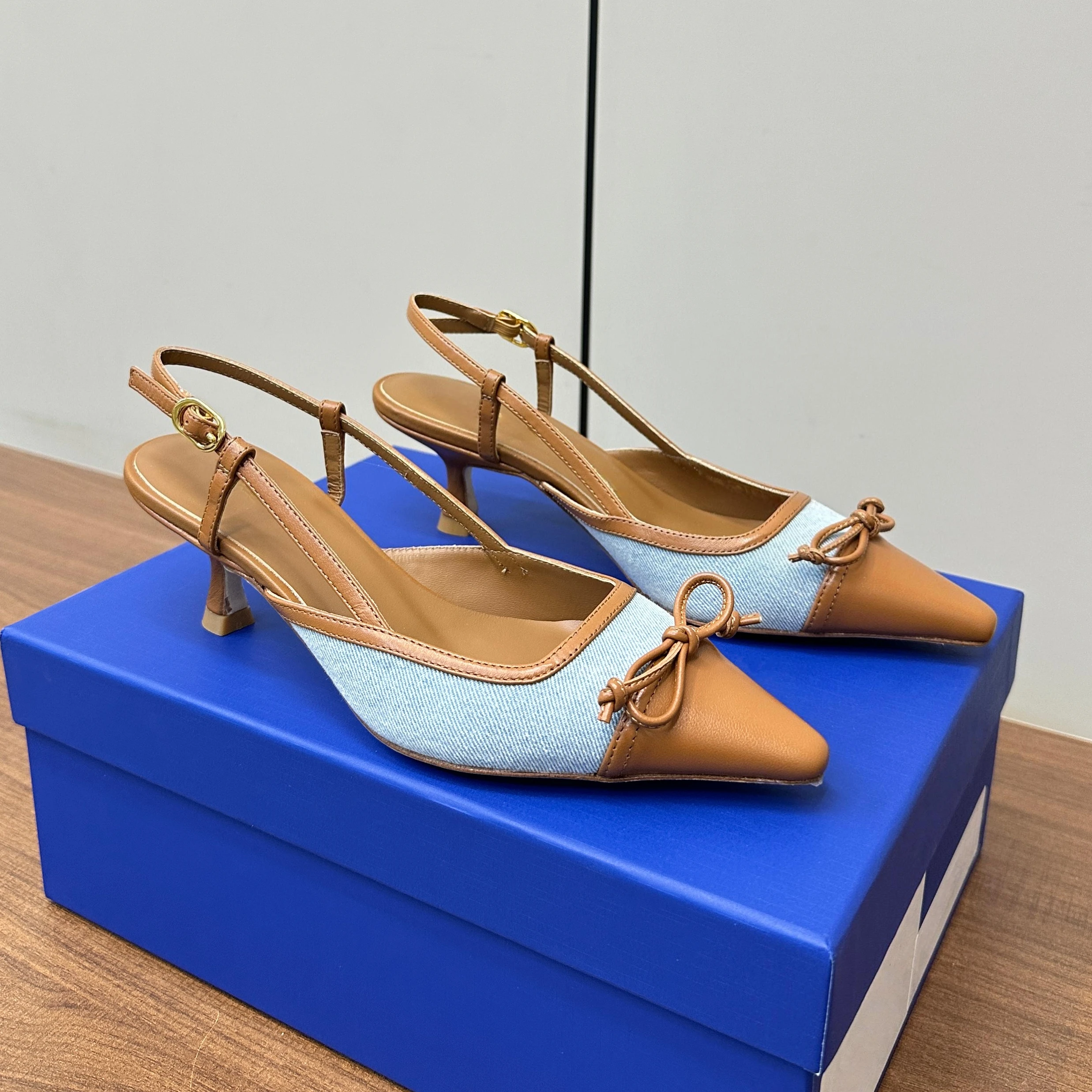 Newest Summer Genuine Leather Pointed-Toe High Heel Slingback Woman Sandals Dress Pumps Butterfly-Knot Decora Bota Feminina