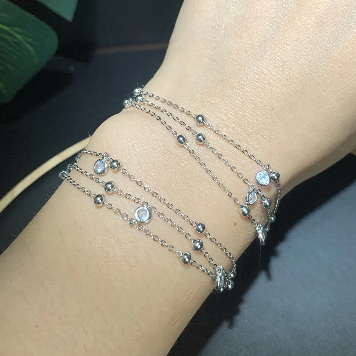 925 sterling silver simple wrap 3 layer thin chain bezel cz