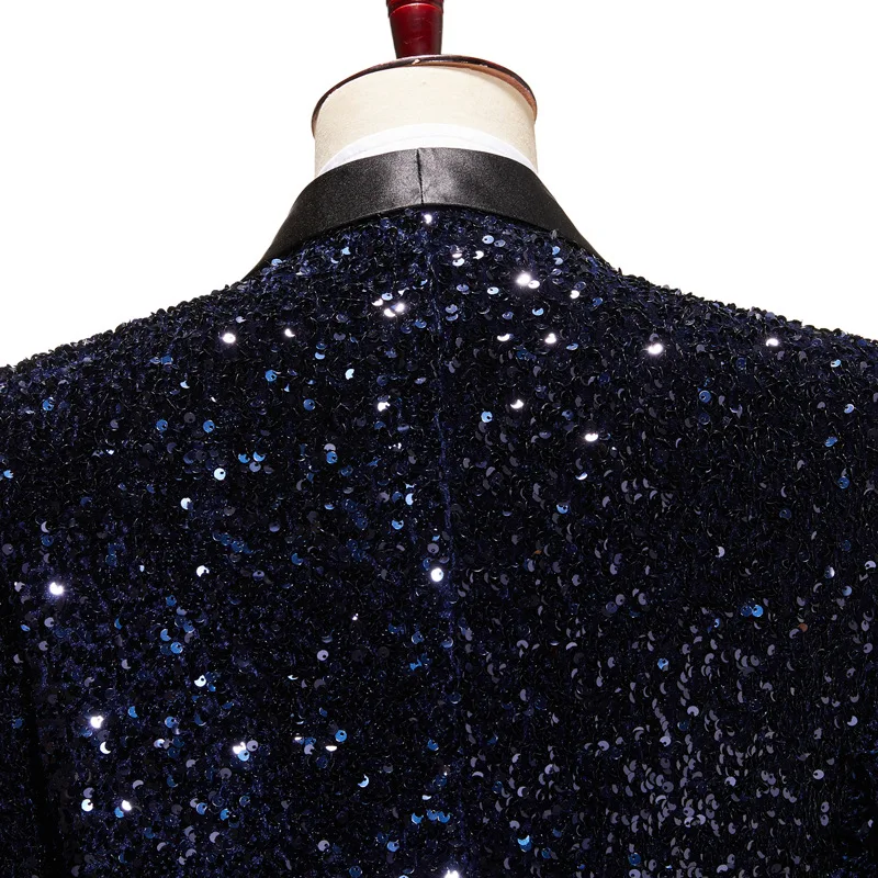 Mens Shiny Sequin Blazer Jacket Party Wedding Nightclub Glitter Shawl Lapel Tuxedo Blazer Navy Blue Stage Prom Dress Suit Jacket 5