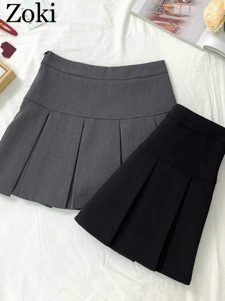 ZOKI Vintage Gray Pleated Skirt Women Kawaii High Waist Mini Skirts Korean Fashion School Uniform Harajuku Streetwear Spring