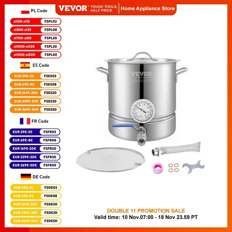 VEVOR Stainless Steel Kettle,5Gal Brewing Pot,Tri Ply Bottom for Beer,Brew Kettle Pot,Home Brewing Supplies Includes Thermometer