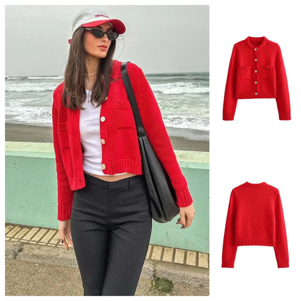 

PB&ZA 2024 Spring New Sweet Sweater Women's Solid Round Neck Versatile Short Knitted Cardigan Top Coat