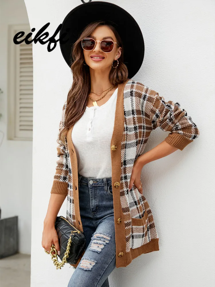 

EIKFI Casual Women Sweater Cardigan Autumn Winter 2022 New Office Lady Long Sleeve Plaid Knitted Coat Outwear Female Clothing