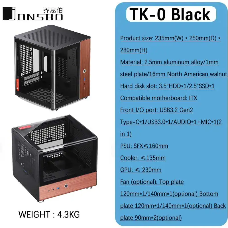 JONSBO TK-0 Separated Cabinet ITX Case Mini Tower 270° Dual-Curved Glass aluminum Solid Walnut Wood Compact Desktop Chassis