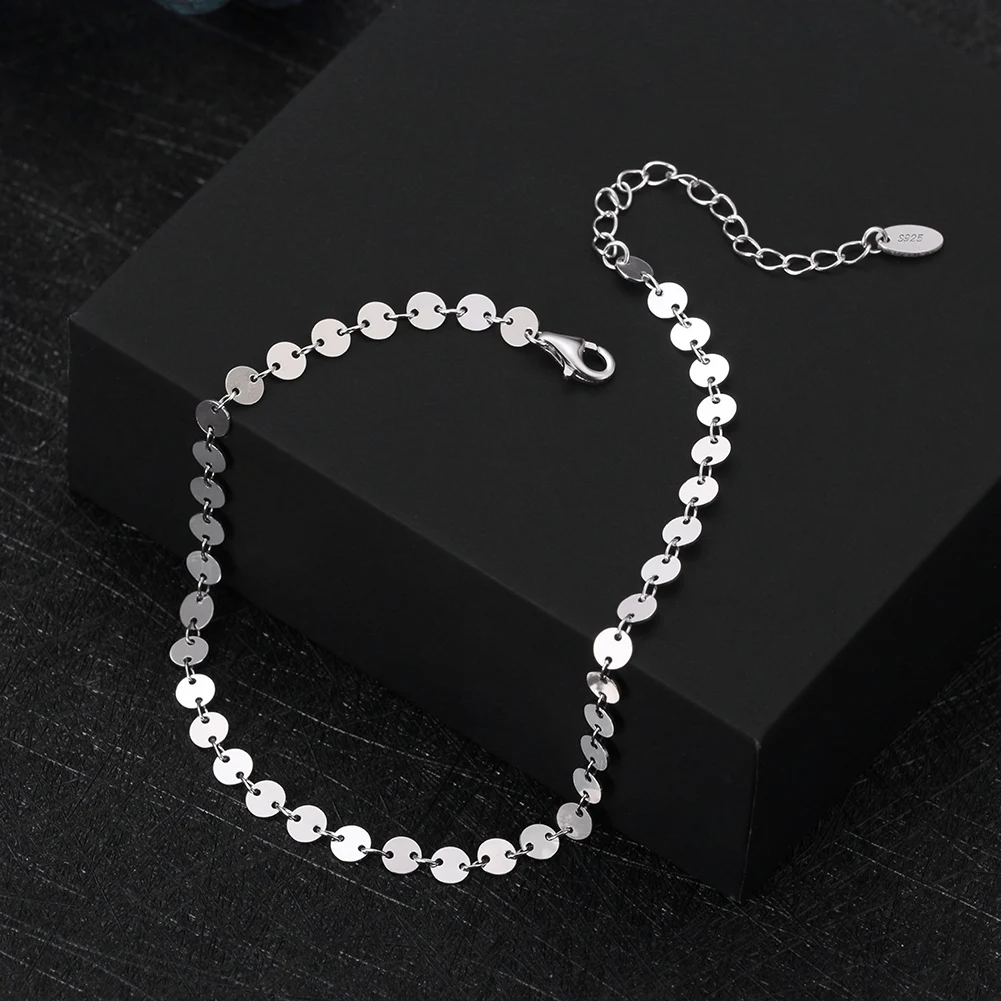 KISS MANDY 925 Sterling Silver 4mm Round Plate Chain Anklet 14K Gold Plated Simple Jewelry for Women Birthday Gift SA25