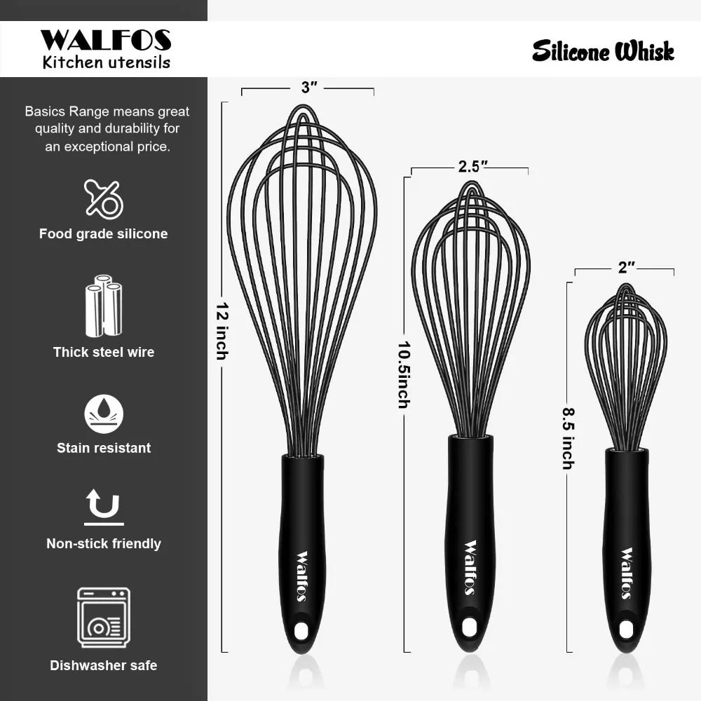 Walfos Silicone Whisk, Rubber Whisks for Cooking, Baking (12,10,8 inch) -  Heat Resistant Kitchen Whisks for Non-stick Cookware, Balloon Egg Beater