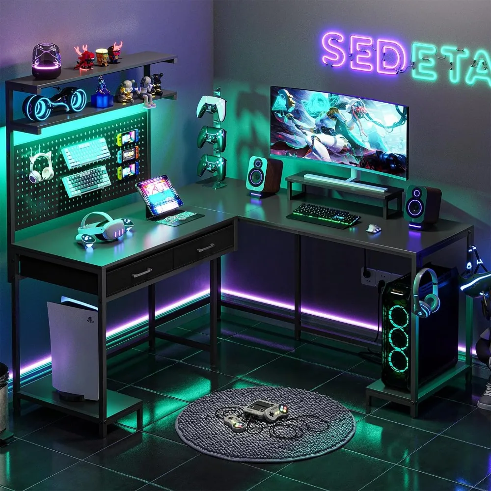 

SEDETA L Shaped Gaming Desk with LED Lights, Pegboard and Drawers, Gaming Desk with Hutch, Computer Desk with Monitor Stand Sto
