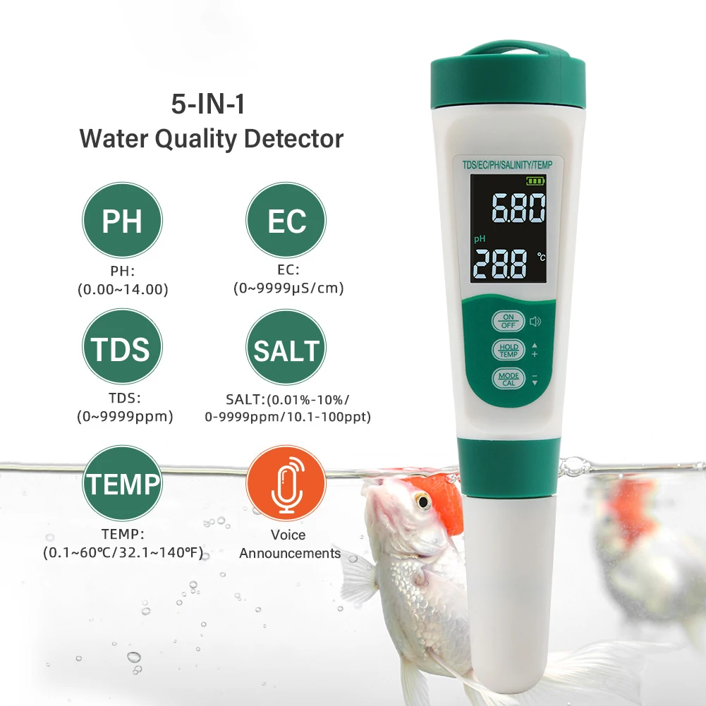 5-in-1 Water Tester Pool Salt Tester High Accuracy PH/EC/TDS/Salt/Temp Meter Water Analyzer for Pools Aquariums