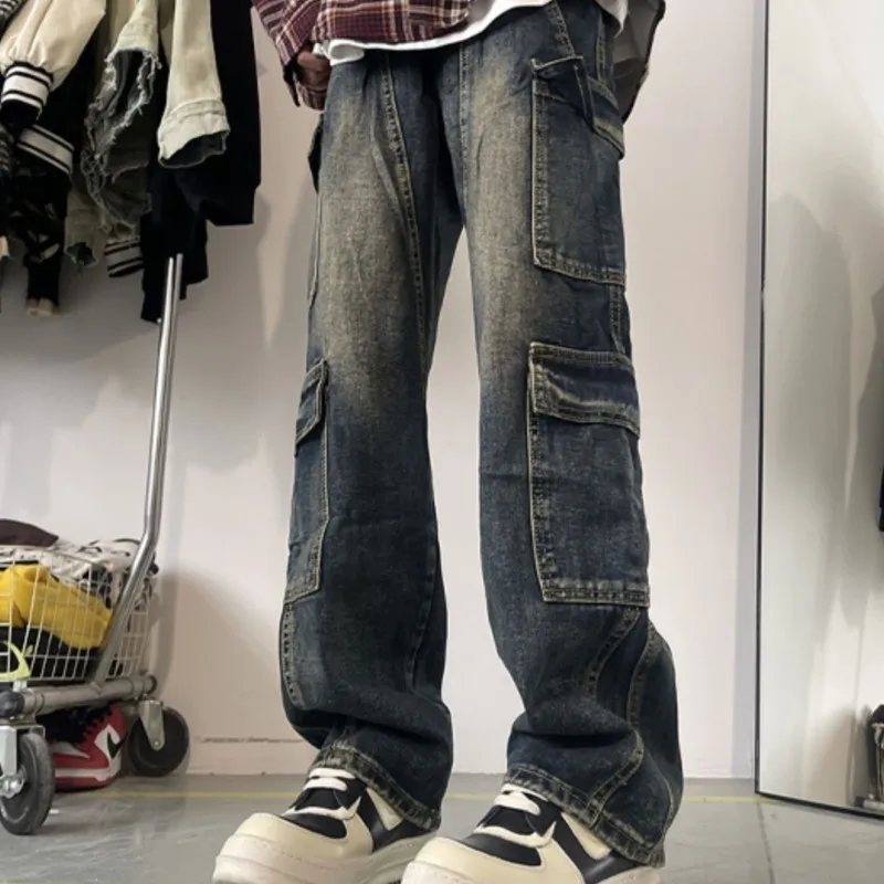 Men's Patchwork Blue Cargo Jeans Unisex Straight Casual Trousers Men Muti-pockets Hip Hop Streetwear 90s Vintage Fashion Pants 3