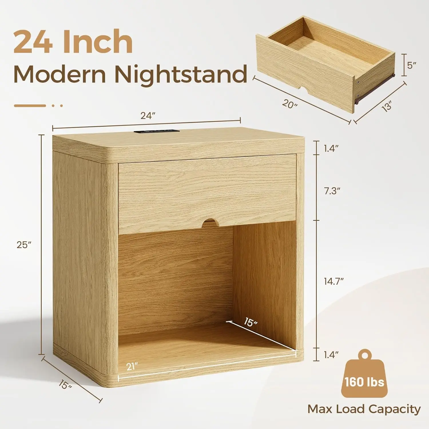 24" Wide Modern Nightstand with Drawer Storage Smooth Crescent Design Bed Side Table Large Wide End Table Minimalist Bedside