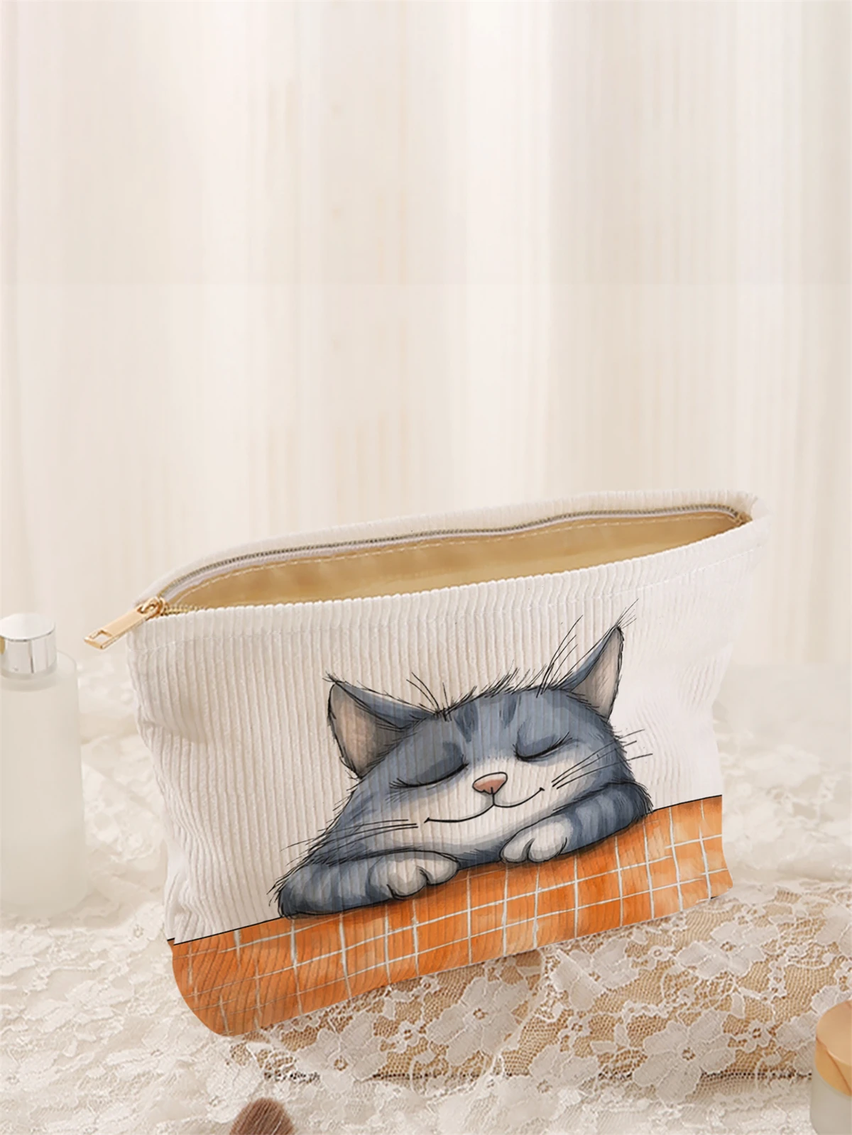 1 cartoon cat pattern corduroy makeup bag, lightweight zipper makeup storage box, multifunctional bag with lining
