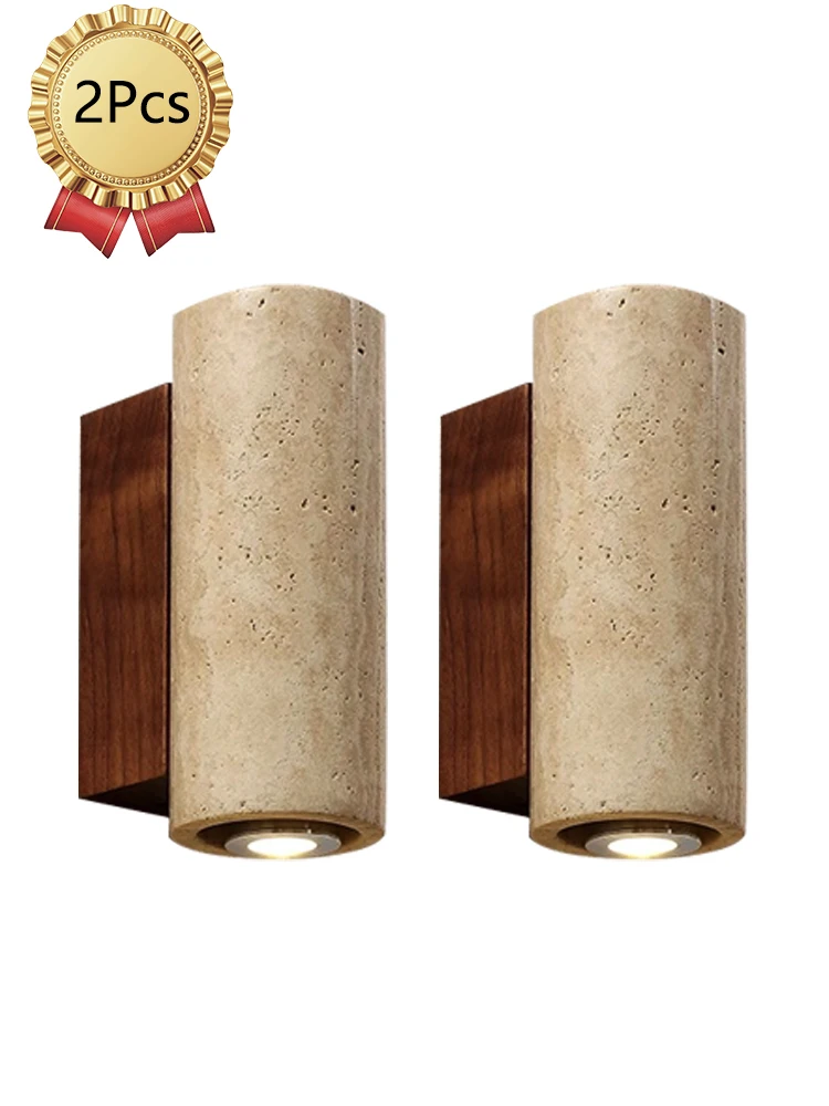 

2pcsYellow travertine Japanese wabi-sabi style café bedroom bedside wall lamp Scandinavian retro solid wood B&B wall aisle light