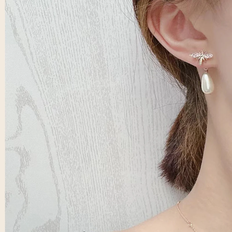 Luxury Five Pointed Bee Pearls AB Style Micro Inlaid Pink Zircon Earrings for Women Jewelry