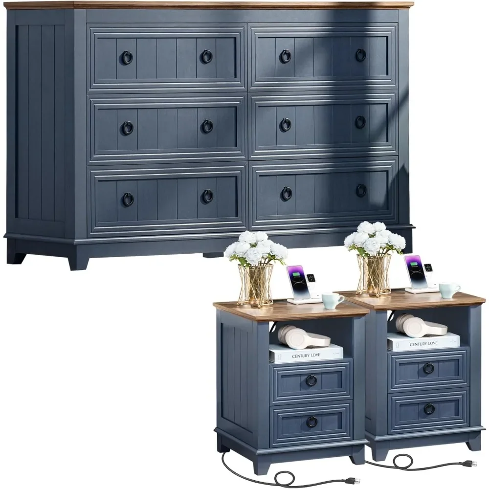 Farmhouse Furniture Set, Nightstands Set, 58 Inch Wide Wood Dresser and 18" Night Stands with Charging Station