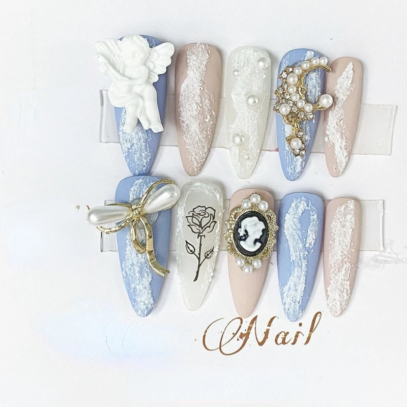 Diseño de amuletos de Ángel Rosa Y2K, Uñas postizas con pegamento reutilizables hechas a mano, uñas artísticas de manicura DIY