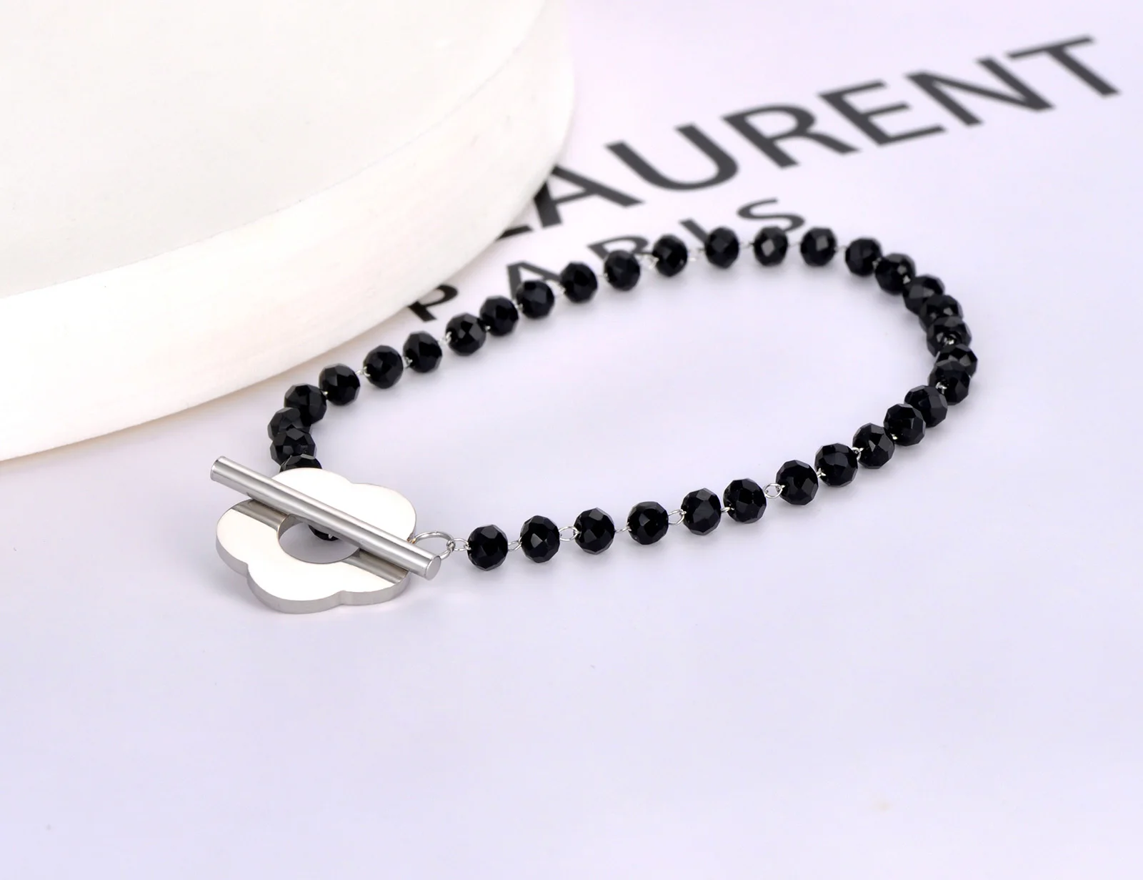 Lokaer Mode Schwarz CZ Kristall Charme Halsketten Für Frauen Edelstahl Weiße Perle Link Kette Böhmischen Strand Halskette N22083_voghion.com