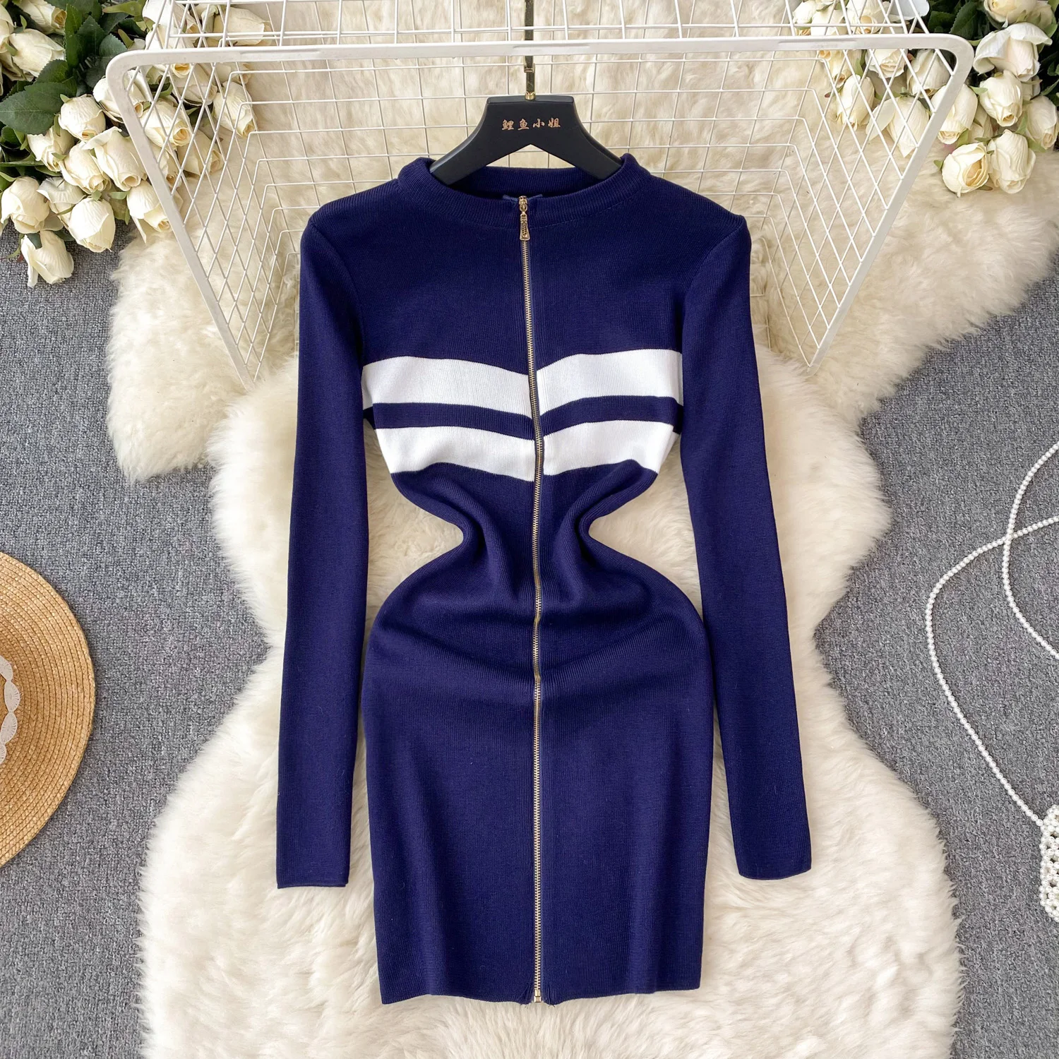 

Elegant Long Sleeve Zipper Knit Hip Wrap Dress Slim Basic Fashion Sweater Vestido Sexy Women Autumn Clothing