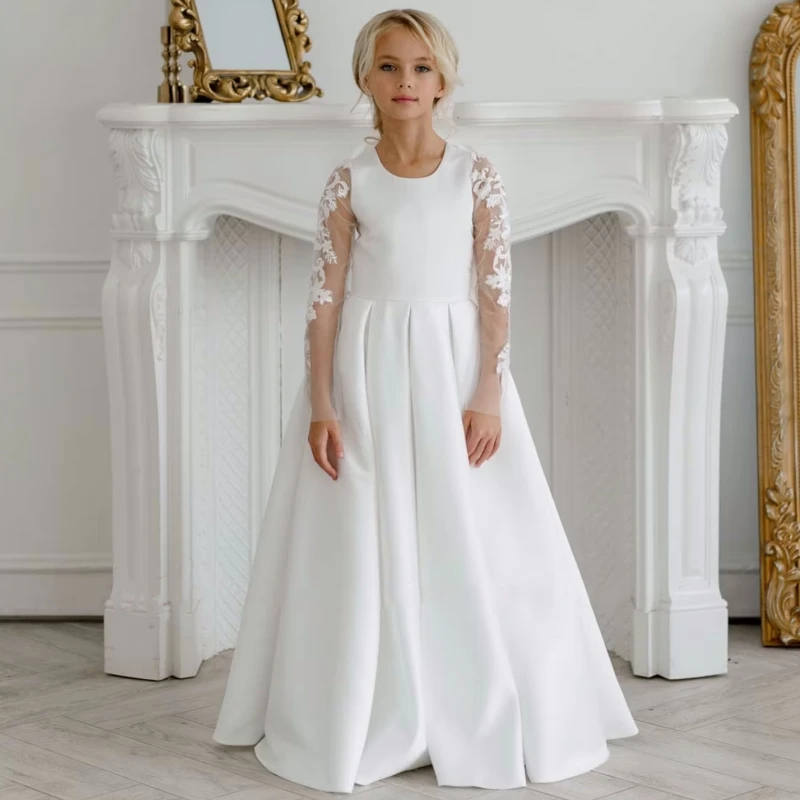 

Flower Girl Dresses White Satin Appliques With Bow Long Sleeve For Wedding Birthday Banquet Holy Communion Gowns