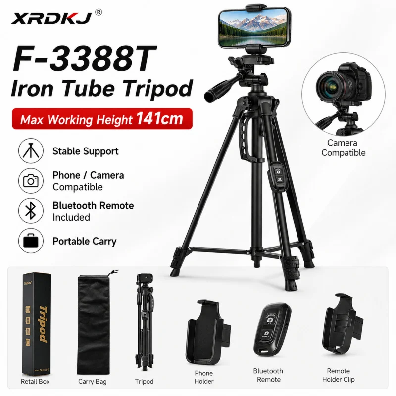 F-3388T 141cm 카메라 삼각대 스탠드(블루투스 리모컨 포함), 아이언 튜브 폰 삼각대(홀더 클립 포함), DSLR용 휴대용 여행용 삼각대