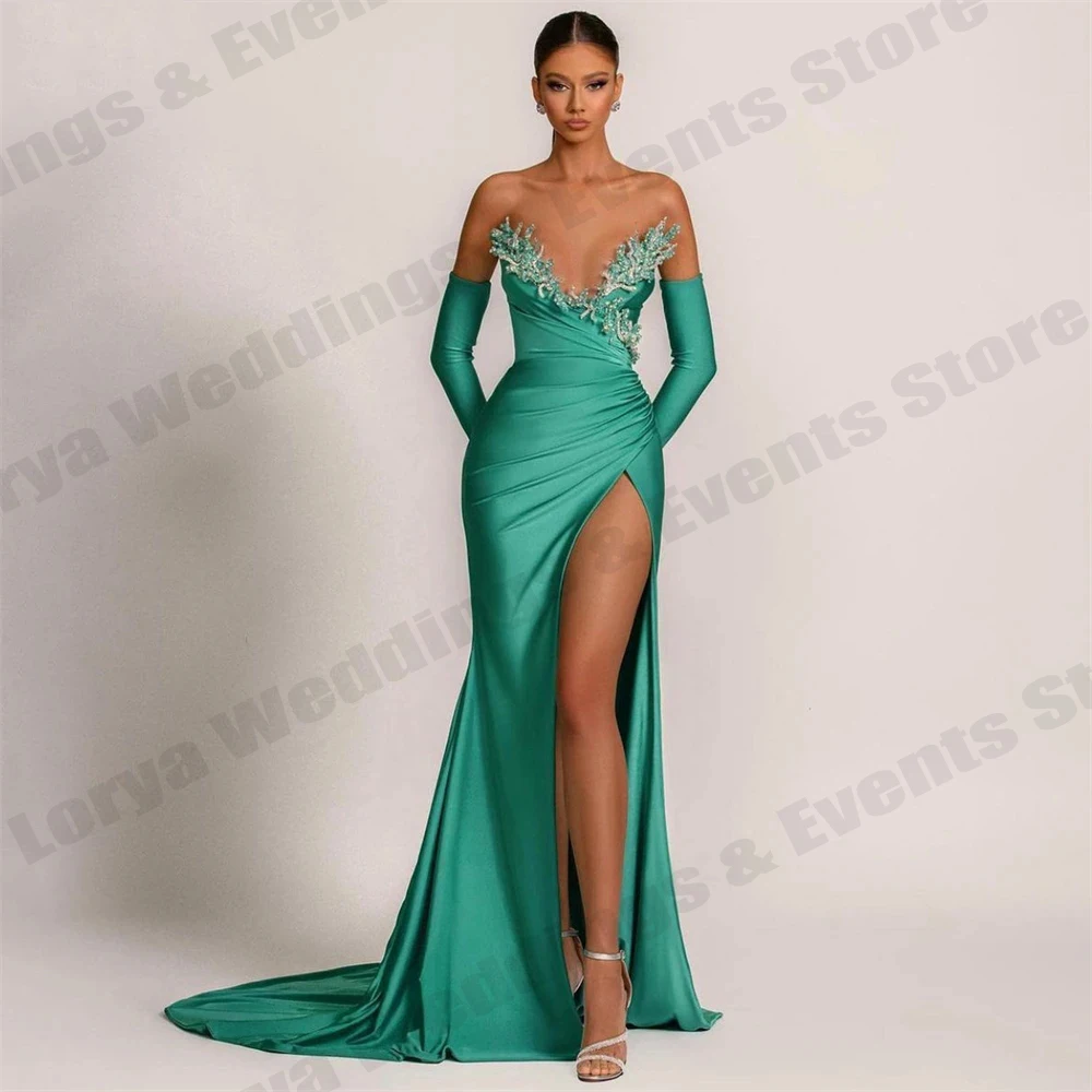 

2023 Mint Green Mermaid Evening Dresses Off Shoulder Pleated V-Neck Beaded Prom Gowns Sexy High Side Slit Party No Gloves Robe