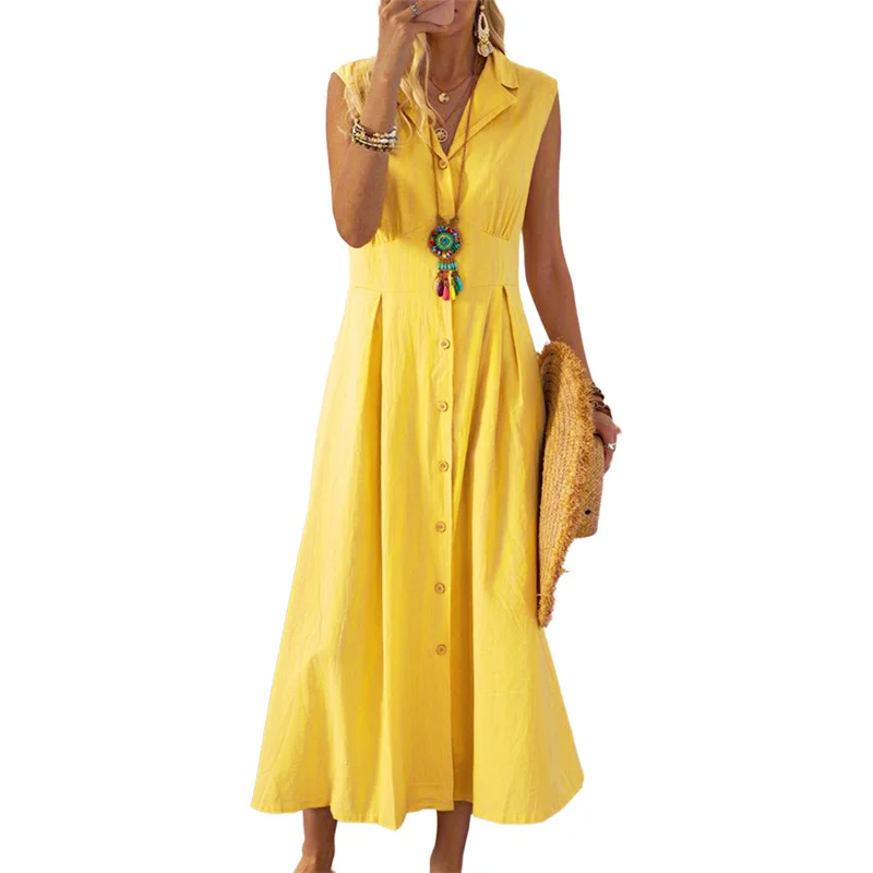 Beach Dress Women Solid Color Turn Down Collar Single Breasted Sleeveless A Line Long Dresses Vacation Party Dresses