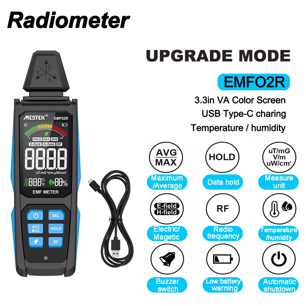 Electromagnetic Radiation Meter MESTEK EMF02 Strength Interference Electric Field Magnetic Radiation Instrument VA Color Screen
