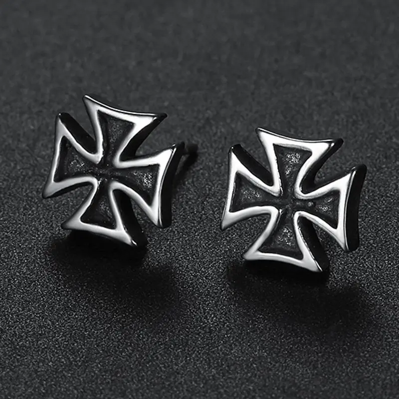 Silver Color Knight Templar Black Cross Earrings Punk Crusaders Band Stud Earring For Women's Fashion Gift Jewelry 6