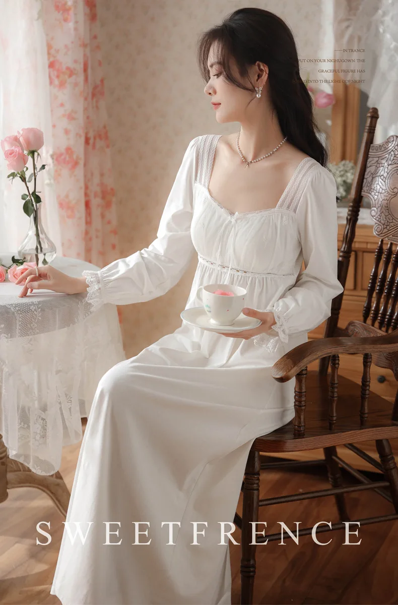 Long Sleeve Cotton Sleep Dress Women Princess with Built-in Padding Long  Nightgown Lace, Home Clothing, Autumn