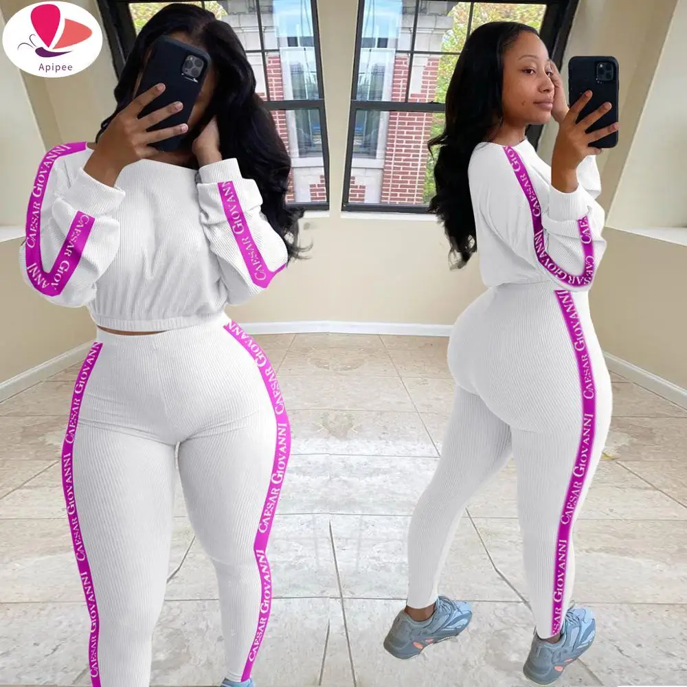 

Женский костюм, модная Однотонная футболка с буквенным принтом и длинными рукавами, брюки, повседневный спортивный костюм из двух предметов для бега с круглым вырезом для женщин