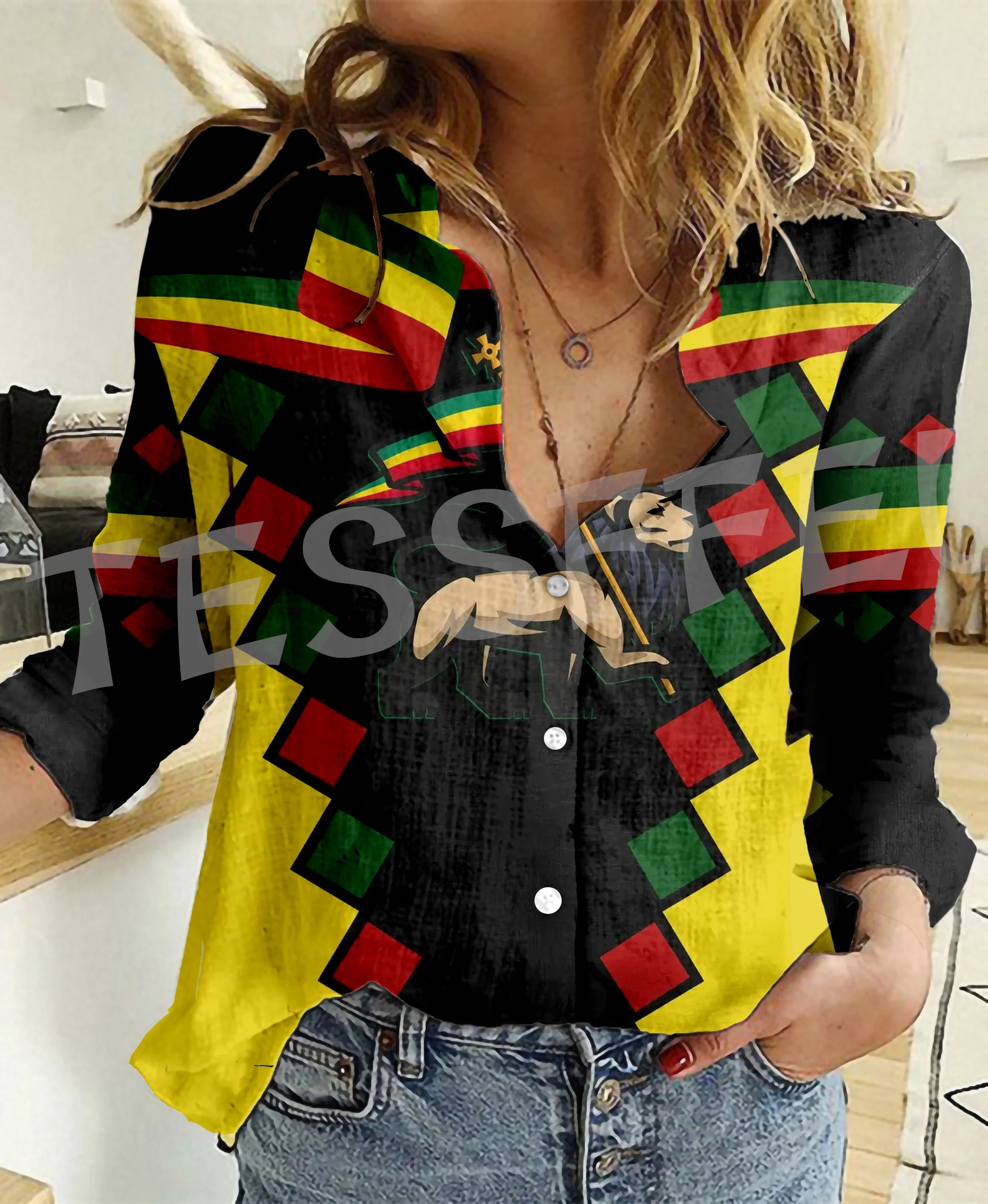 

Africa Ethiopia Reggae Lion Vintage Tattoo Retro 3DPrint Streetawear Harajuku Women Casual Button-Down Shirts Long Sleeves XA2